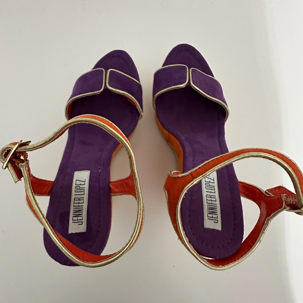 Jennifer Lopez Purple Orange Suede Platform Wedge Sandals Gold Trim Size 6.5 - Picture 5 of 10